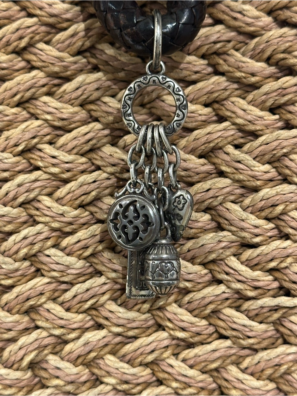Brighton Braided Straw Tote with Dark Brown Handles and Heart Charm - Picture 7 of 10